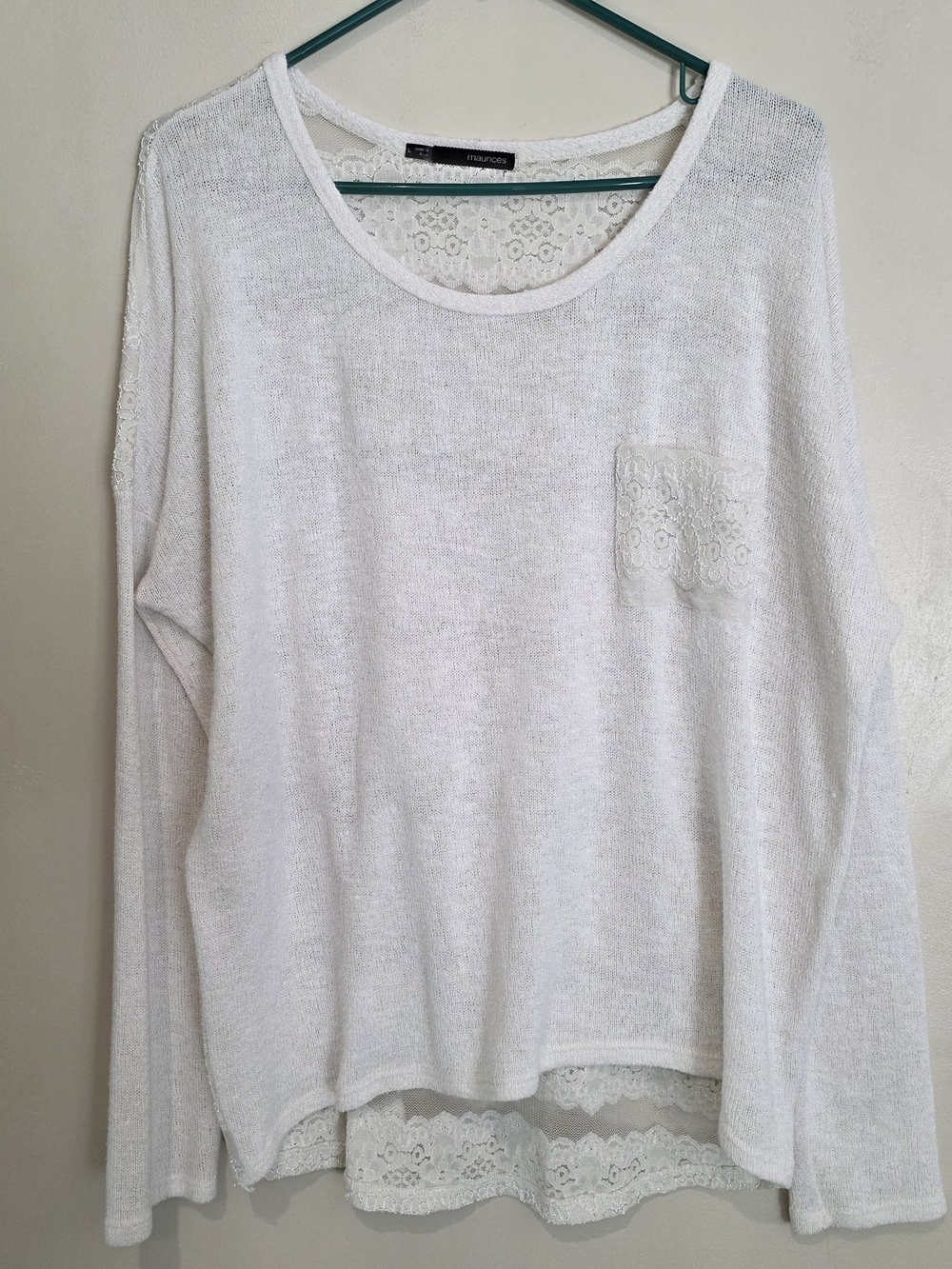 Maurices White Lace-Trim Scoop Neck Casual Sheer Elegant Pocket Soft Layer Large